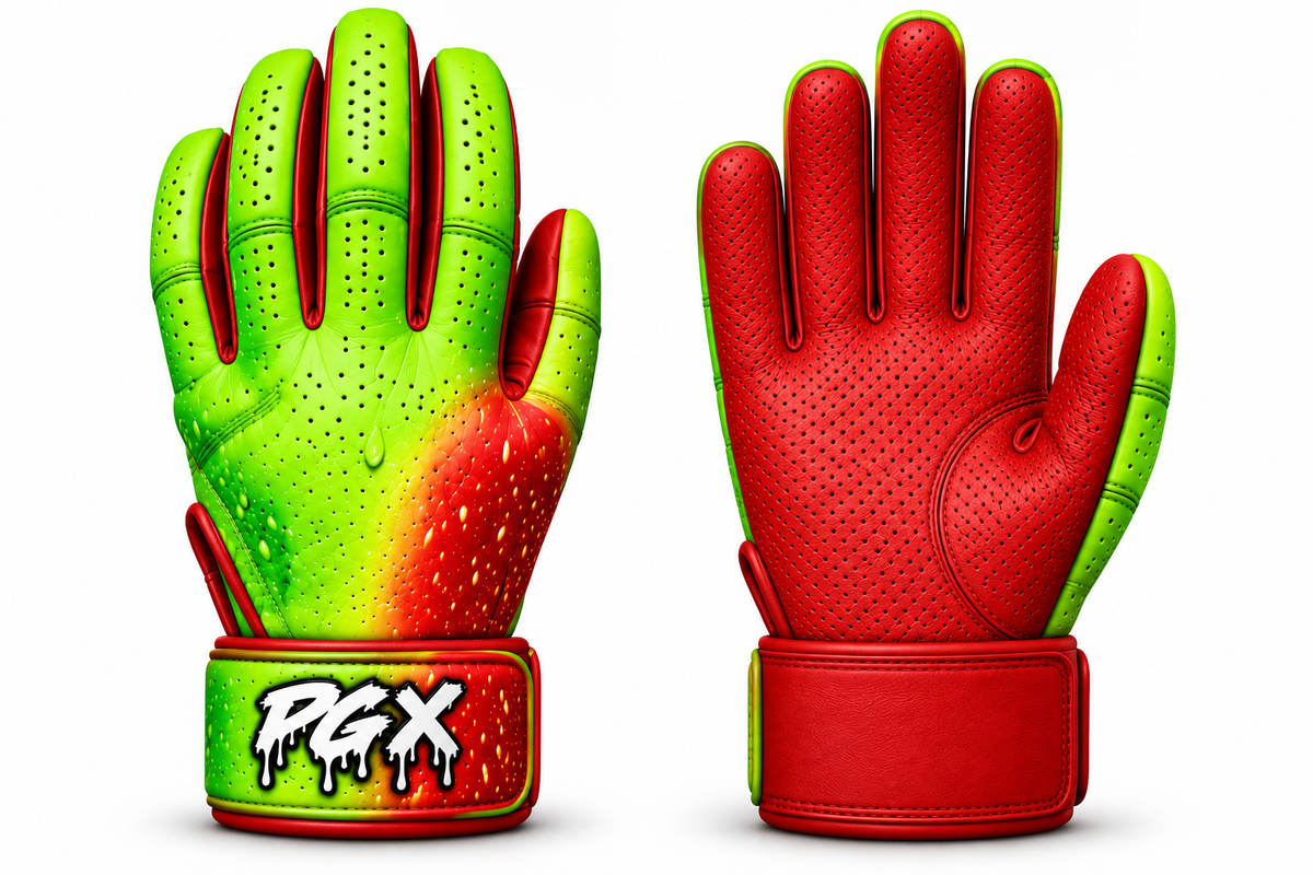 PGX Candy Apple long cuff batting gloves with green and red backhands and red pitted leather palms