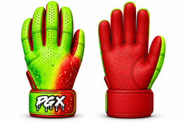 PGX Candy Apple long cuff batting gloves with green and red backhands and red pitted leather palms
