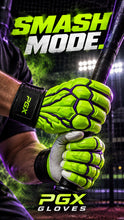Player gripping a bat in PGX Gamma Crush neon green long cuff baseball batting gloves with Smash Mode text