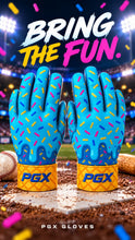 Pair of PGX Ice Cream Drip blue sprinkle long cuff baseball batting gloves on home plate with Bring the Fun text