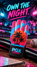 PGX Miami Vice long cuff baseball batting glove at a neon night baseball stadium with Own the Night text