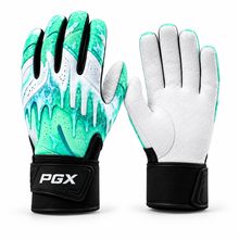 PGX Mint Freeze long cuff batting gloves with mint backhand and white pitted leather palm on white background