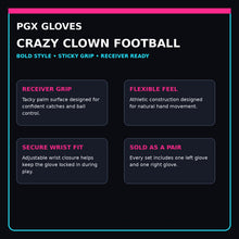 PGX Crazy Clown football receiver gloves grip fit wrist closure and pair features