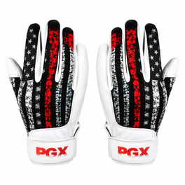PGX firefighter batting gloves with black and red striped design and white cuffs