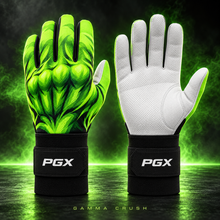 PGX Gamma Crush fluorescent green long cuff batting gloves with white pitted leather palm