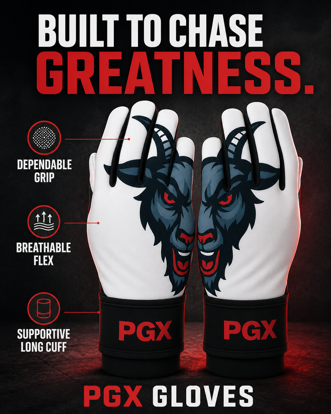 PGX GOAT long cuff batting gloves with dependable grip, breathable flex and supportive wrist coverage