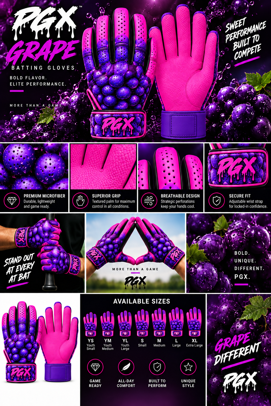 PGX Grape long cuff batting gloves product features with pink pitted leather palm and plain purple inside strap