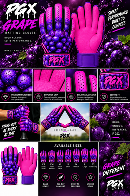 PGX Grape long cuff batting gloves product features with pink pitted leather palm and plain purple inside strap