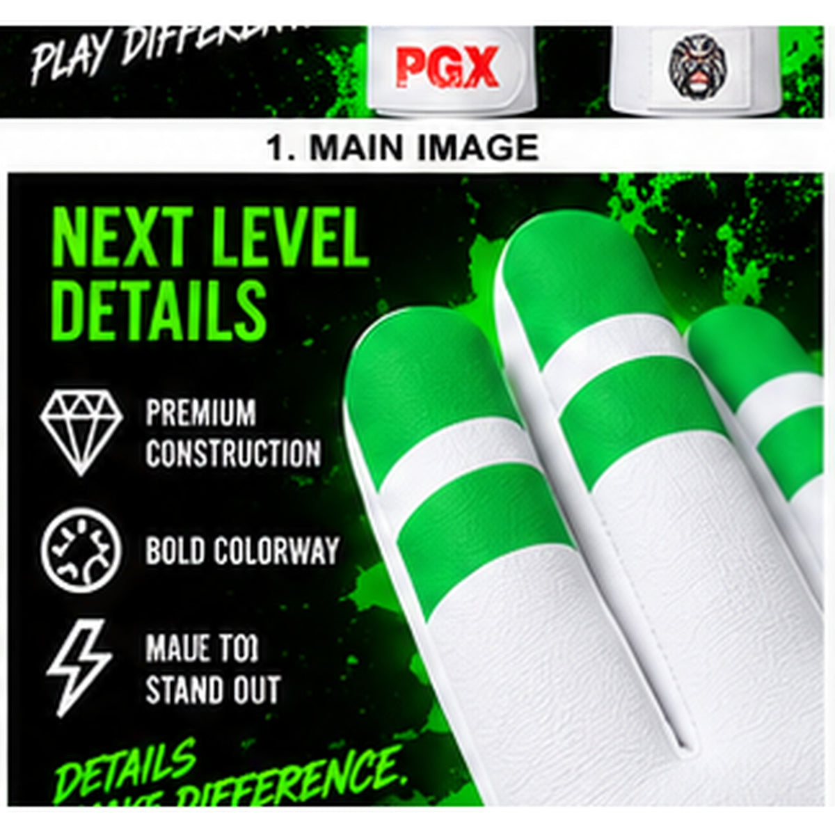 PGX Green Smiley batting gloves construction and fingertip details