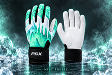 PGX Mint Freeze long cuff batting gloves with mint backhand and white pitted leather palm