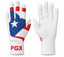 PGX Puerto Rico long cuff baseball batting glove back design and white textured palm