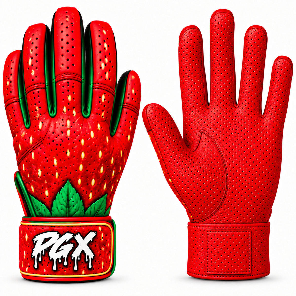 PGX Strawberry long cuff batting gloves with strawberry backhands and red pitted leather palms
