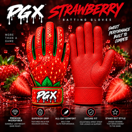 PGX Strawberry long cuff batting gloves promotional image with red pitted leather palm