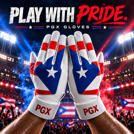 Pair of PGX Puerto Rico long cuff batting gloves raised in a stadium with Play With Pride text