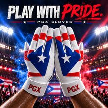 Pair of PGX Puerto Rico long cuff baseball batting gloves raised in a stadium with Play With Pride text