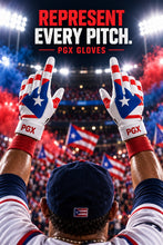 Player raising PGX Puerto Rico long cuff baseball batting gloves in a stadium with Represent Every Pitch text
